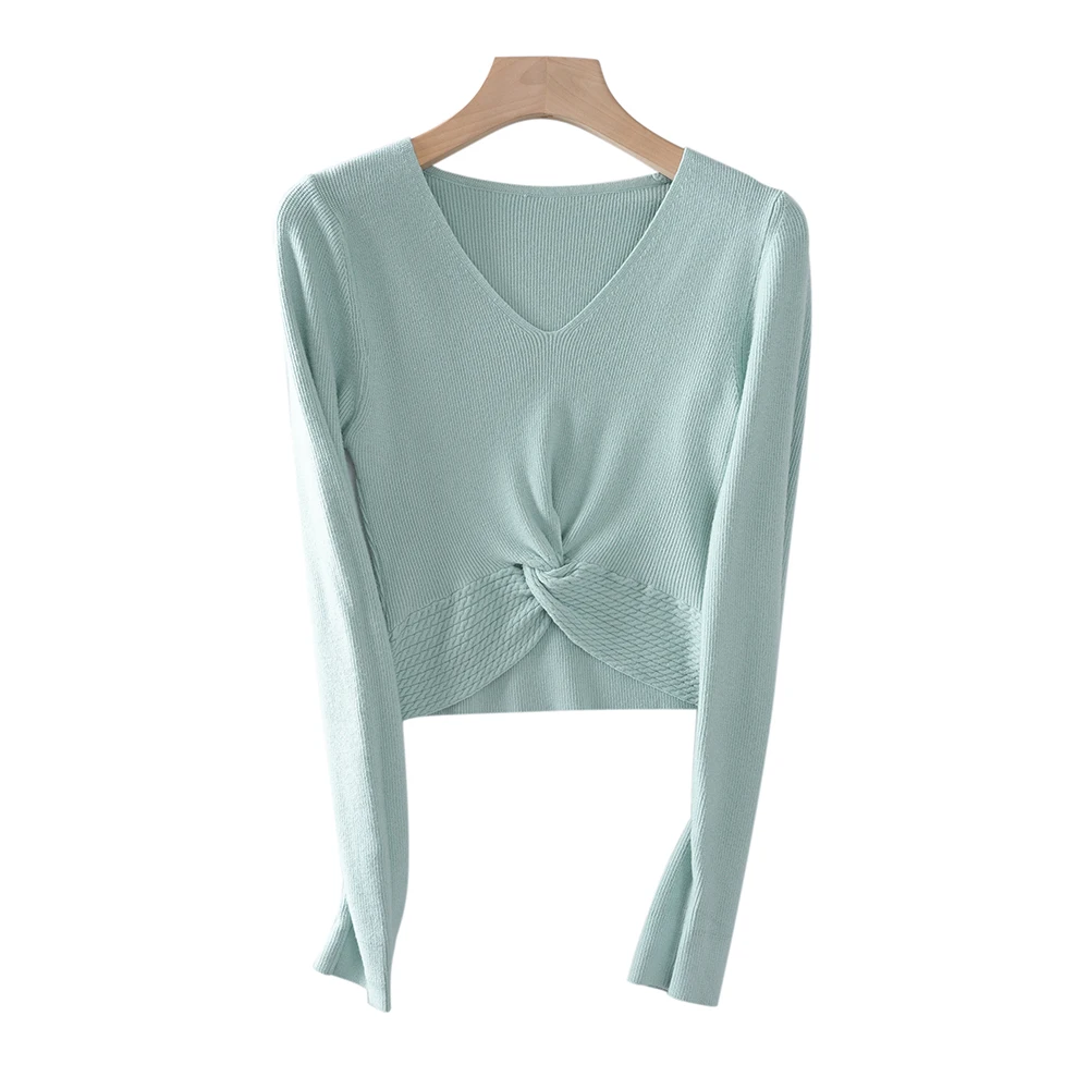 Fashion Mint Green Crop Top Femme Private Label Ribbed Elegant V Neck Kinked Knitted Top Long Sleeve Sweater Women