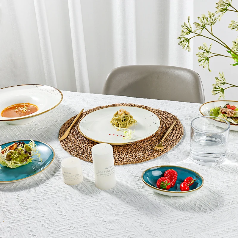 White Gold Rim Ceramic Plate Hotel Plates Sets Dinnerware Ceramic Durable Porcelain Hand Painted