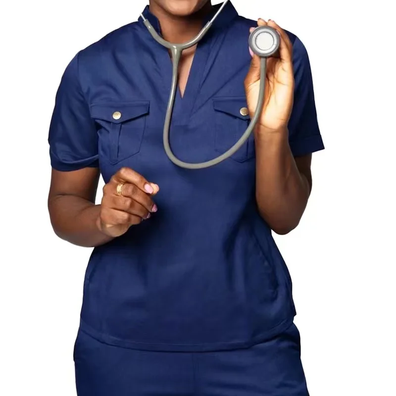 New Design Pocket Stretch Spandex Short Sleeve Scrub Suits Jogger Style Scrubs Medical Uniform