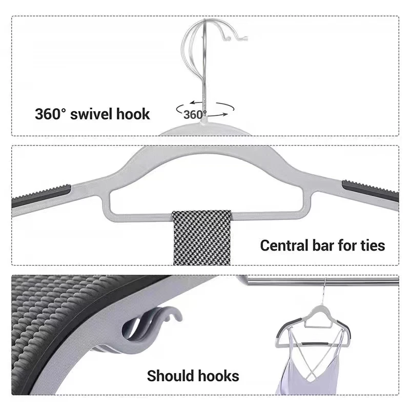Wholesale flocked Space Save Durable Grey non slip Hangers Standard Notched Plastic Hanger Clothing Store Shirt hanger