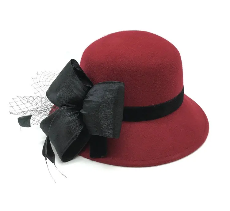 Newest Design Ladies Trendy Flat Brim Wedding 100% Wool Felt Church Hat With Flower Bow Women Girl Woolen Cloche Sun Hats