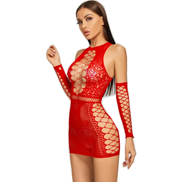 Designer Style Hollow Out See Through Babydoll Lingerie Mid-Sleeve Nightwear Butterfly Pattern Women Teddy Dress