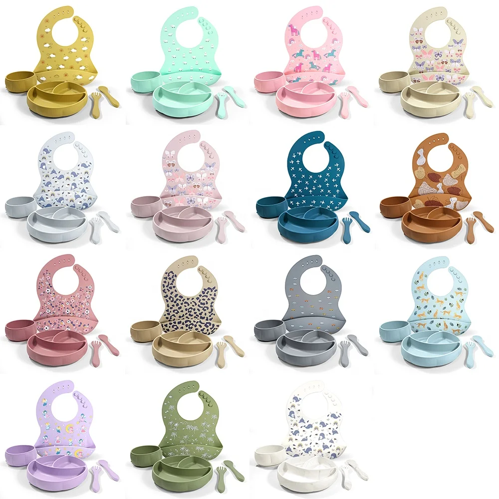 Custom Baby Feeding Set Kid Soft Silicone Food Dinner Spoon Fork Child Tableware Set Suction Plate And Bowl