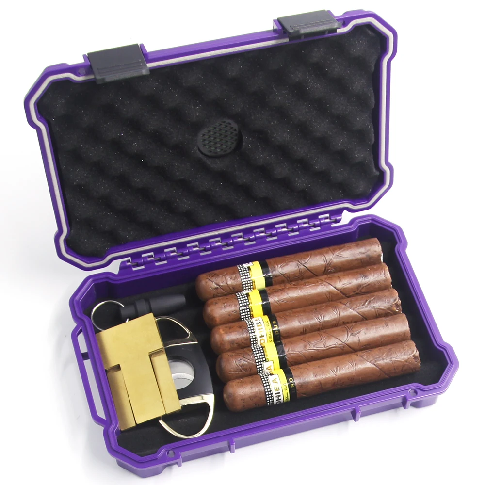 Portable ABS Plastic Travel Humidor Box Waterproof Cigar Case with Cutter and Accessories 5 Cigar Capacity