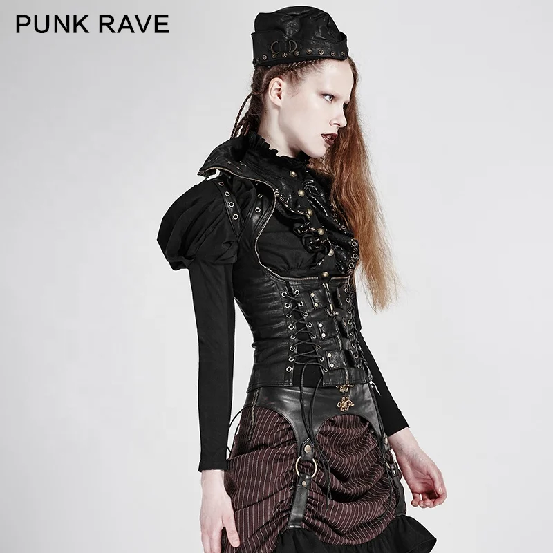 PUNK RAVE Y-674 2019 Designer Leather Waistcoat Steampunk Biker PU Waistcoats  for Women