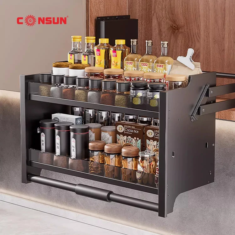 Kitchen Storage Accessories Modern Metal Iron Lift Basket Adjustable Pull-Down Shelves Cabinet Elevator Basket