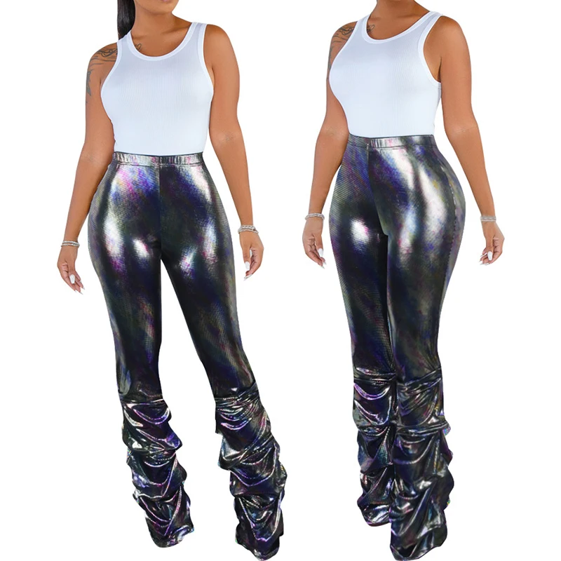 Flare Shiny Leggings for Women Ruffle Bell Bottom Pants Disco High Waist Legging