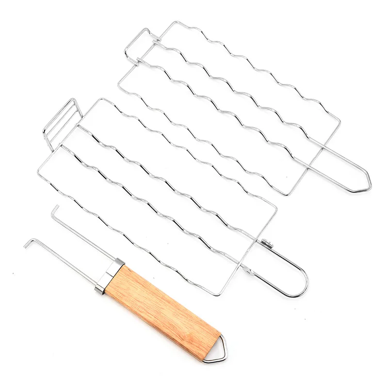 Yongli BBQ053 Stainless Steel Sausage Bbq Accessories Tool Roller Accessory for 6 Hot Dog with Wooden Handle