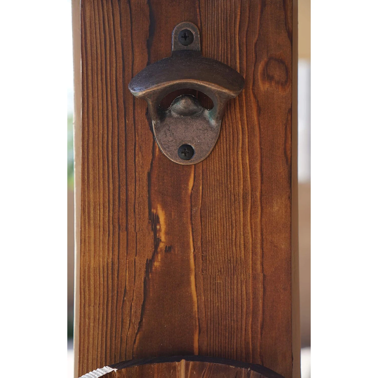 Rustic Dark Stain Pine Wood Wall Mounted Bottle Opener and Catcher with Zinc Alloy Removable Wooden Bucket for Beer