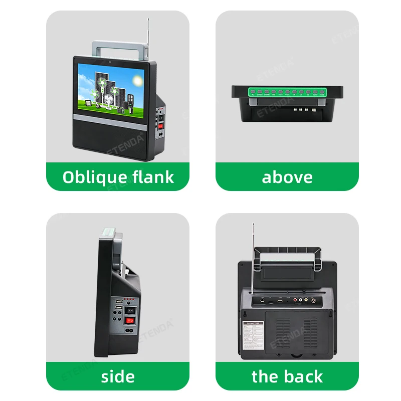 All-in-One Solar TV Kit with 12V Battery, 16V Solar Panel, USB Cable, and DC Ports for Off-Grid Power Solutions