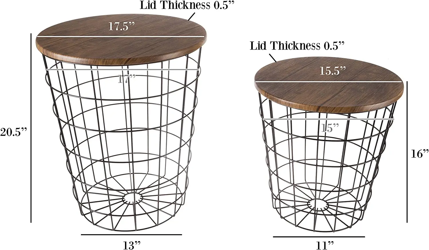 Nesting Wire Basket Base and Wood Tops Farmhouse Style Side Table Set of 2 Decorative Serving Baskets for Home Decor