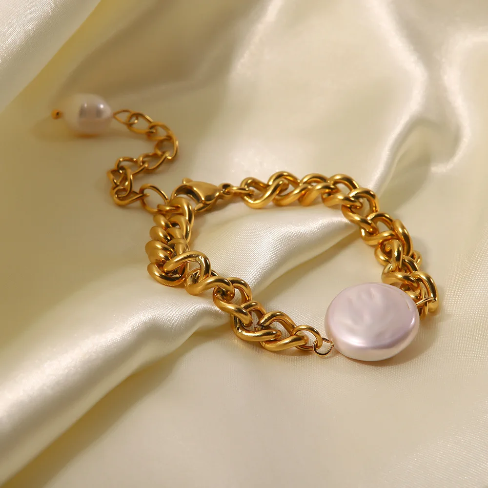 Factory Direct Sale 18K Gold Plated Stainless Steel Miami Cuban Chain Baroque Freshwater Pearl Bracelets