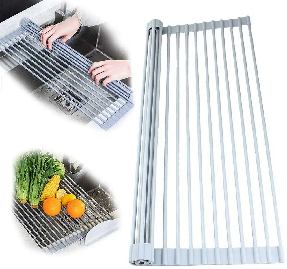 
Amazon Hot Sale Stainless Steel Silicone Collapsible Organizer Drainer Rack Kitchen Over Sink Roll Up Dish Drying Rack 