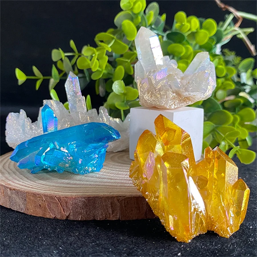 Natural Healing Gemstone Crystal Crafts Bule Yellow White Aura Quartz Crystals Cluster For Decoration