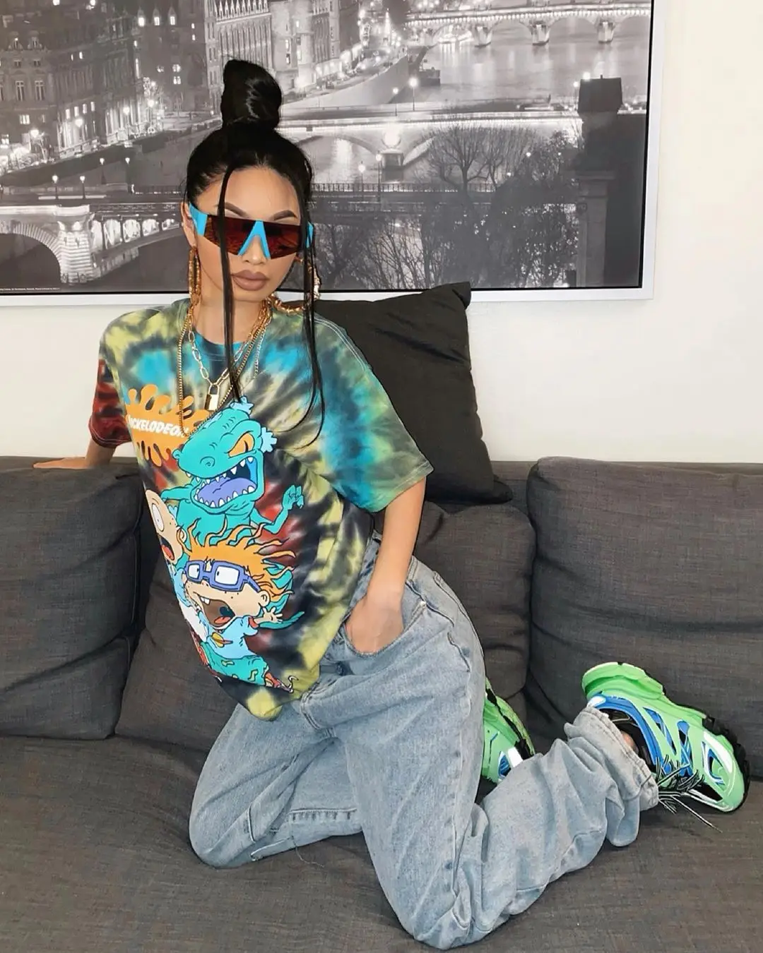 
Street Style Women Fashion Anime Print Green T-shirt Short Sleeves Casual Loose Blouse Top for Girls Students Cool T-Shirt 