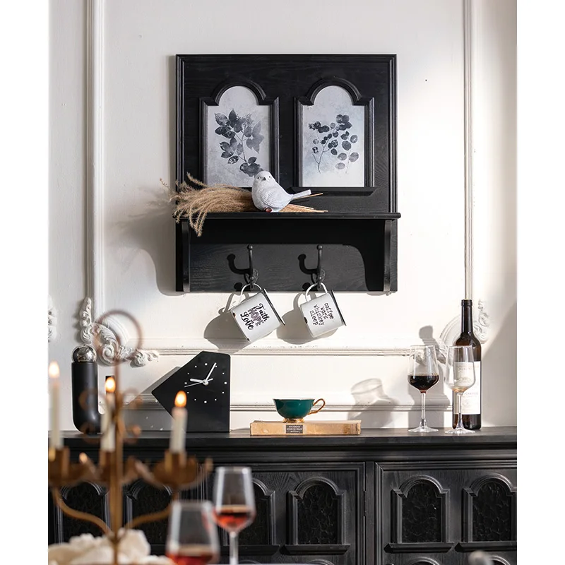 Hand Crafted Wood Black Wall Rack Wall Mounted Black Shelves For Home Living Room Decor Multipurpose Wall Rack With Hook