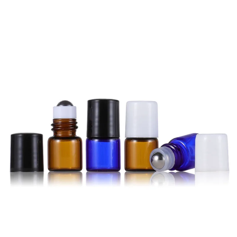 1ml 2ml 3ml 5ml 10ml amber blue glass roller bottle for eye cream with steel roller and lid