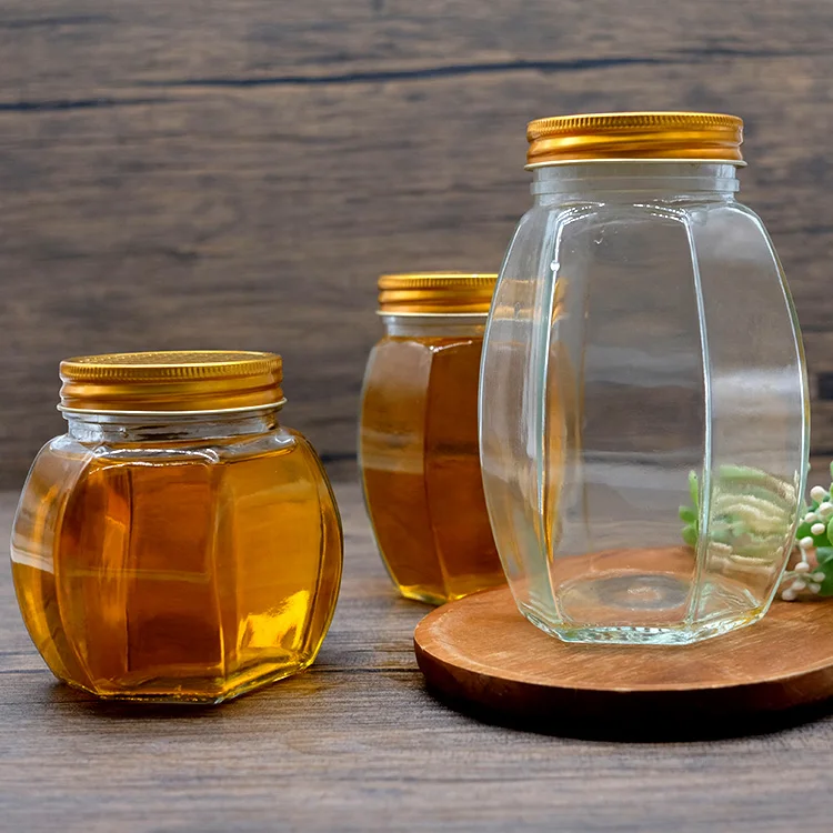 Ergo Chutney Hexagonal Square Round Honey Glass Container Bottle Jars Mini Large Jar With Dipper Bottle Jam Jelly Food
