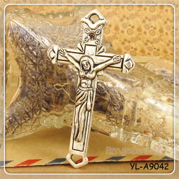 Silver Brass Filigree Cross Jesus Charm COnnector Religious Crafts Findings YL-A9042