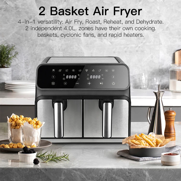 Dual Zone Electric Stainless Steel Air Fryer 8 Liter Cooker 2 Drawers Smart Double Air Fryer 8l Digital Dual Basket Air Fryer