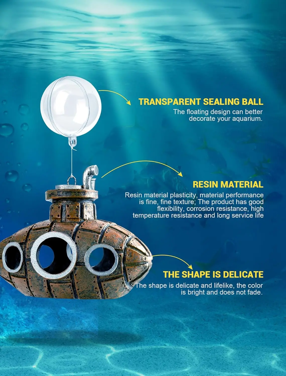 Floating Fish Tank Decoration, Little Cute Retro Submarine Aquarium Decoration with Two Float Balls