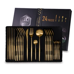 A6061 Luxury 24Pcs Cutlery Set Fine Stainless Steel Wedding Fork Spoon Knife Brushed Gold Flatware Set