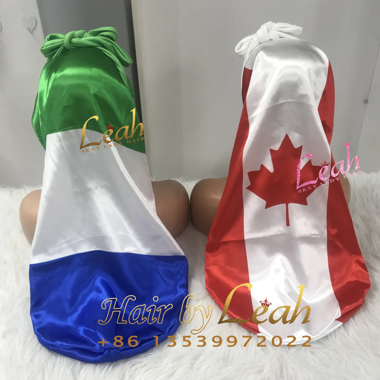 Custom Logo Flag Satin Bonnet with Long Ties Fashionable Patterns Designer Bonnets Women  Long  Braids
