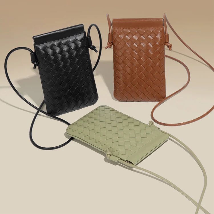 Woven PU Leather Waterproof Bag Sling Crossbody Casual Handwoven Mini Cross Body Phone Pouch for Men Women