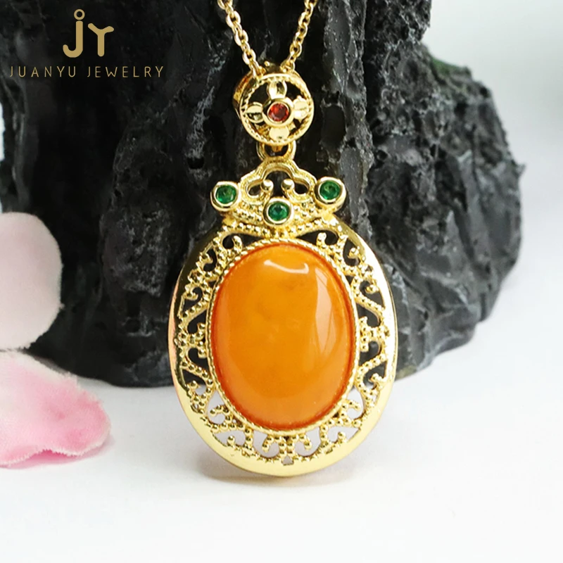 Copper Alloy Gemstones Pendants Hollow Out Flowers Shape Natural Stone Beeswax Pendants High Quality Amber Pendants For Women