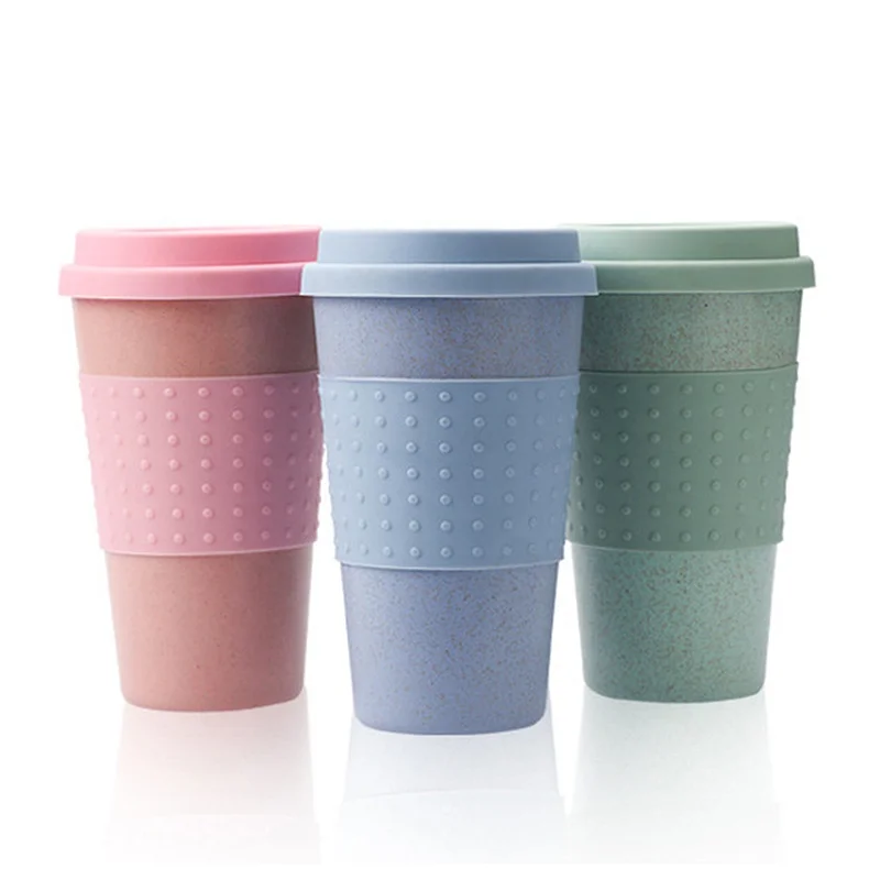 Biodegradable 350ml Wheat Straw Heat Resistant Plastic Coffee Mugs Custom Reusable Turkish Coffee Cups with Lid