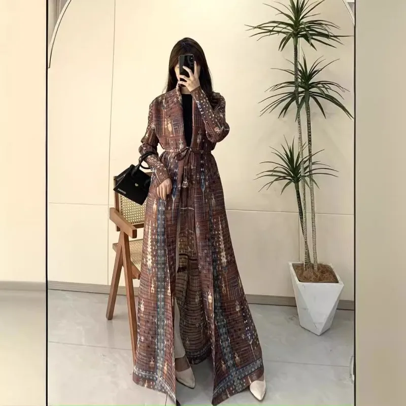 High Quality Pleated Abaya Scarf Collar Belt Kaftan Robes Front Open Coat Women Muslim Modest Abaya