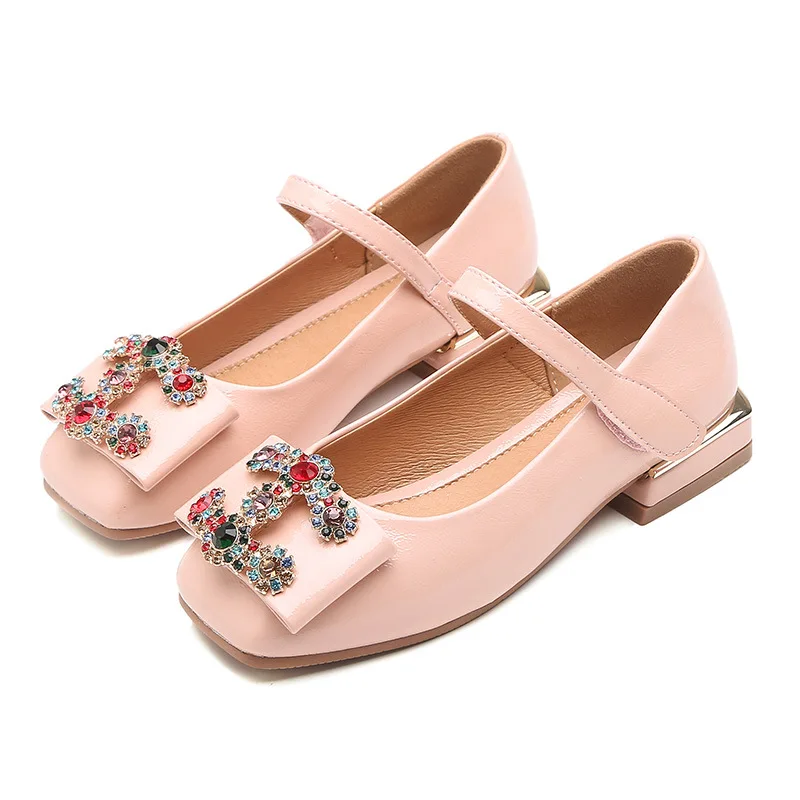 
Girls Rhinestone Embellished Bow Flats Square Heels Children PU Leather Princess Student Dress Shoes Toddler/Little/Big Kid 