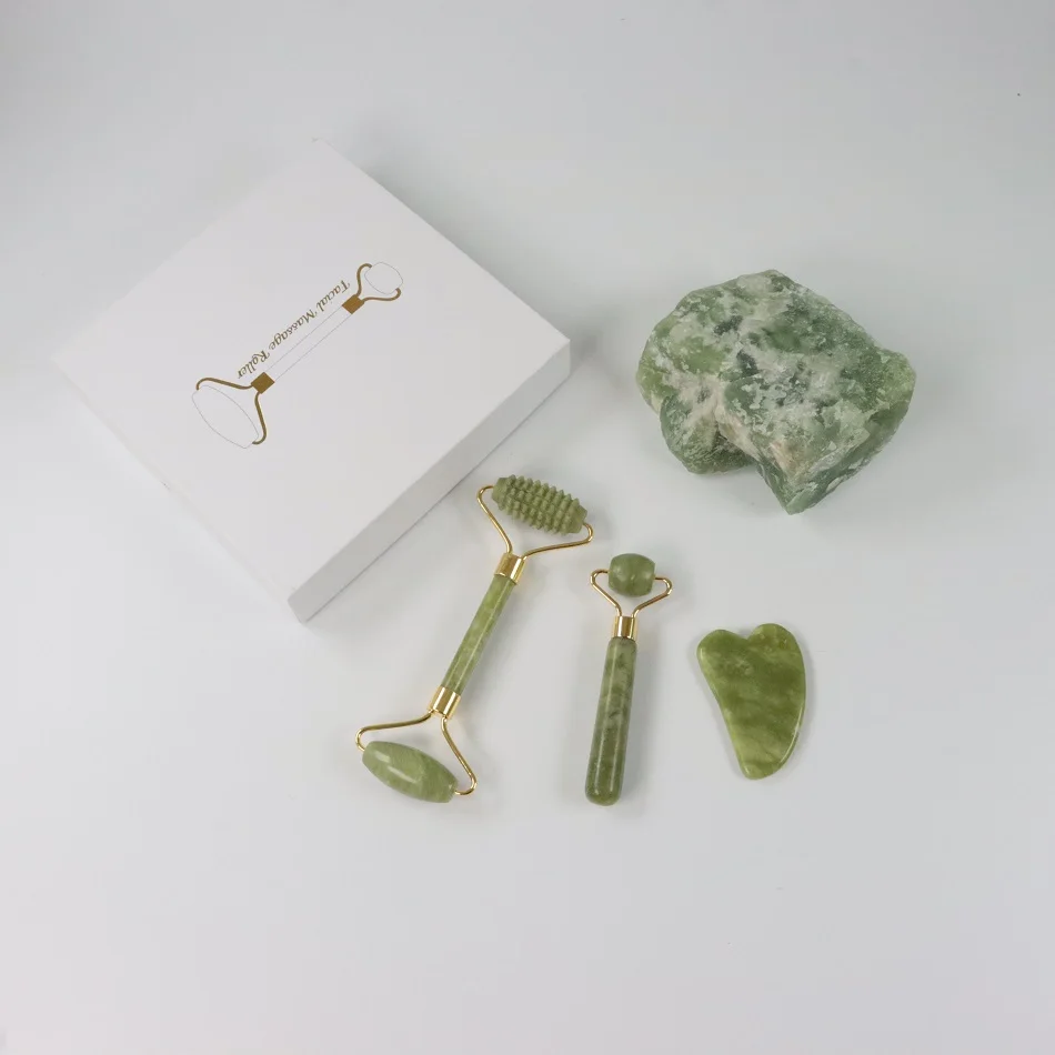 Natural anti aging custom facial green jade skin stone ball roller gua she massager set