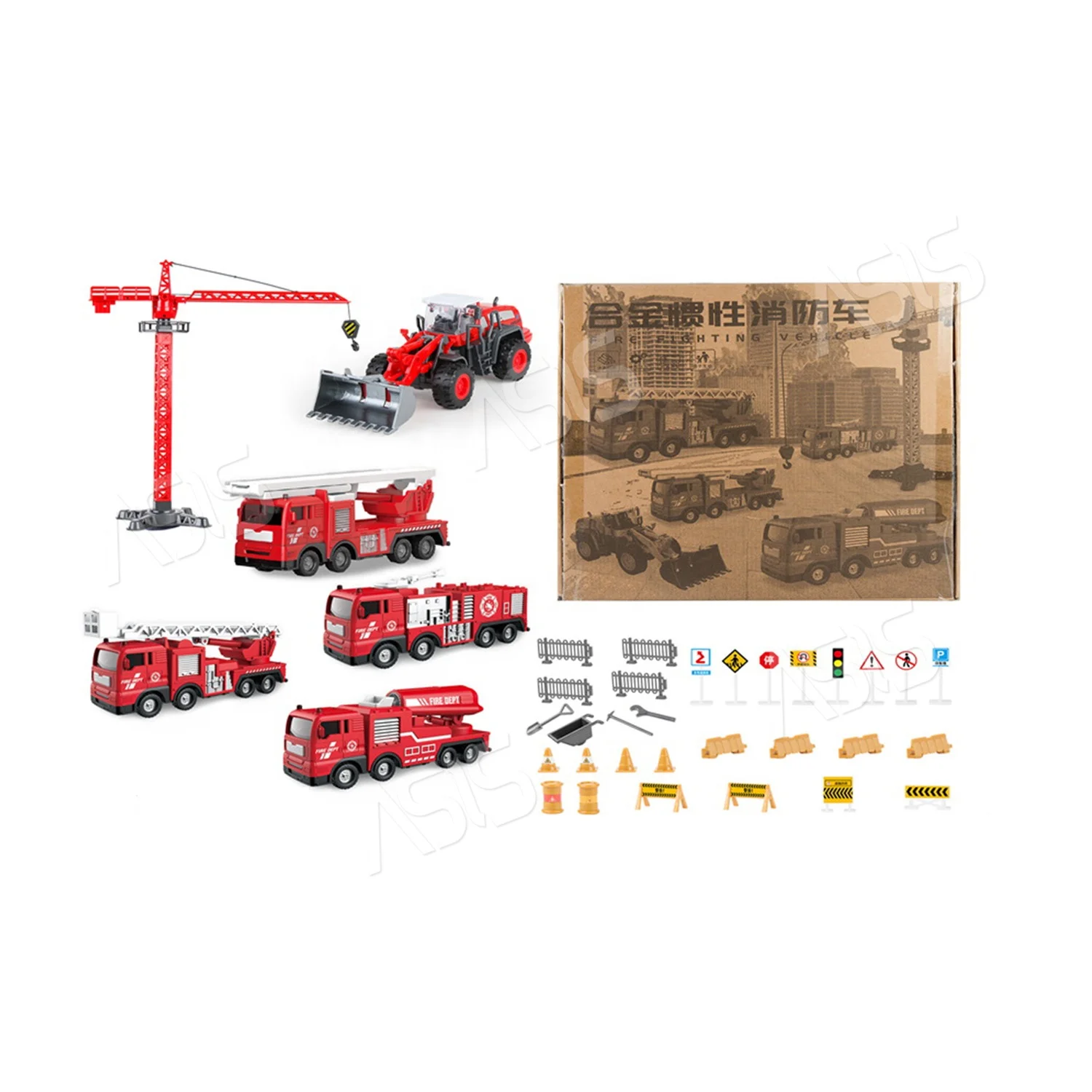 Pretend Play Toy Cars Alloy Hoist Crane Friction and Sliding Fire Fighting Vehicle Set With Warning Sign Series