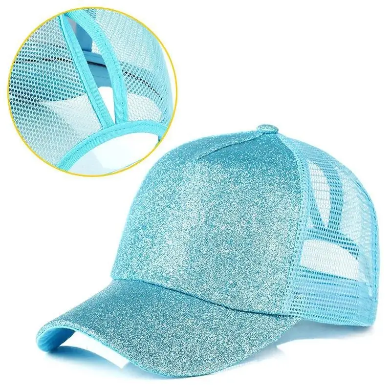 Wholesale Custom Trucker Hats Embroidery Logo Glitter Ponytail Baseball Hat Cheap Mesh Trucker Hats For Girl Women