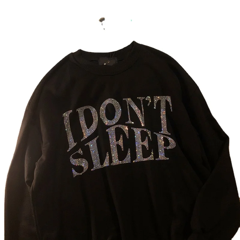 Custom 100% cotton Rhinestone Graphic t shirt comfortable unisex hoodie set loose casual crewneck hoodie