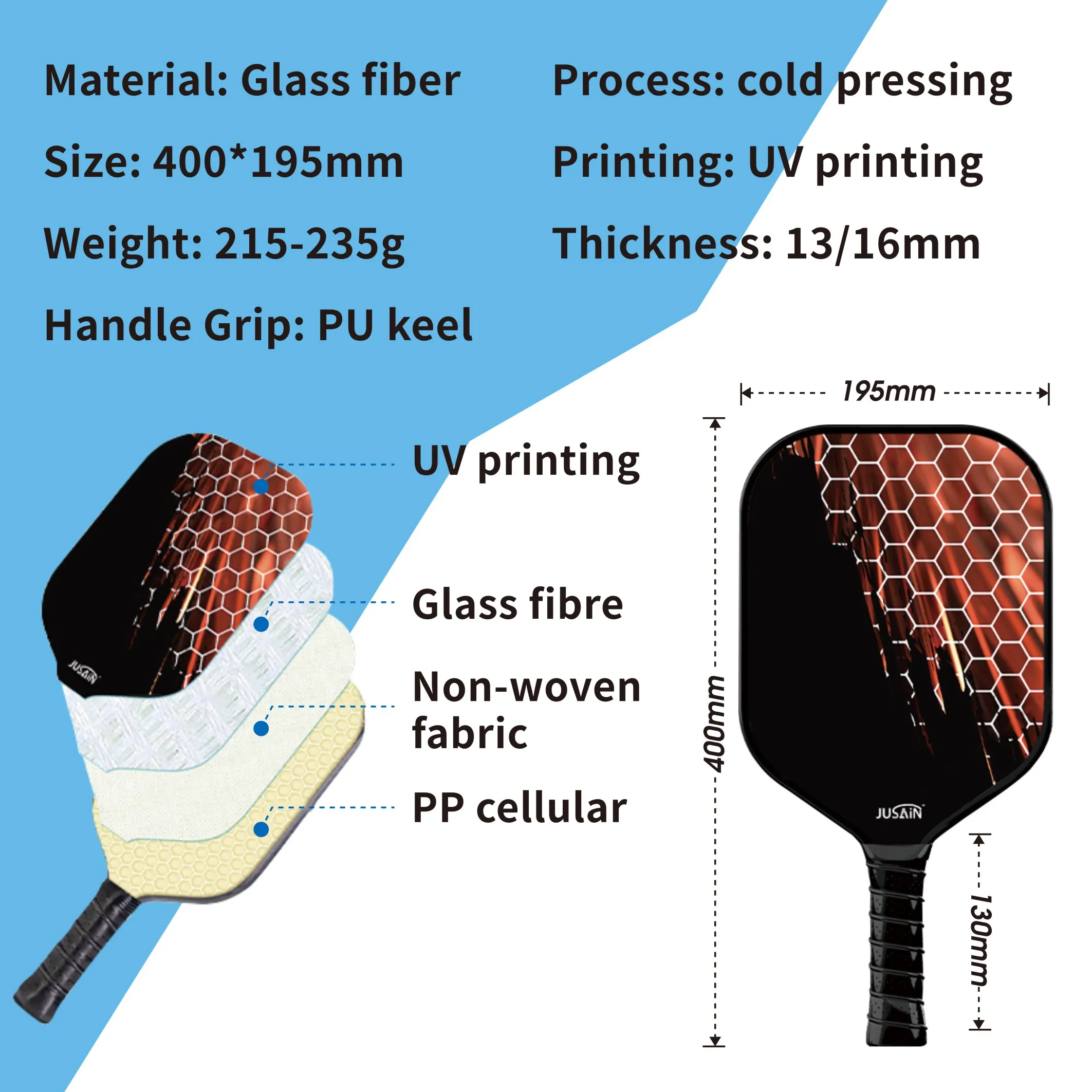 Customizable Cold Pressed Fiberglass Pickleball Paddle with Honeycomb Core for Beginners with Custom Logo