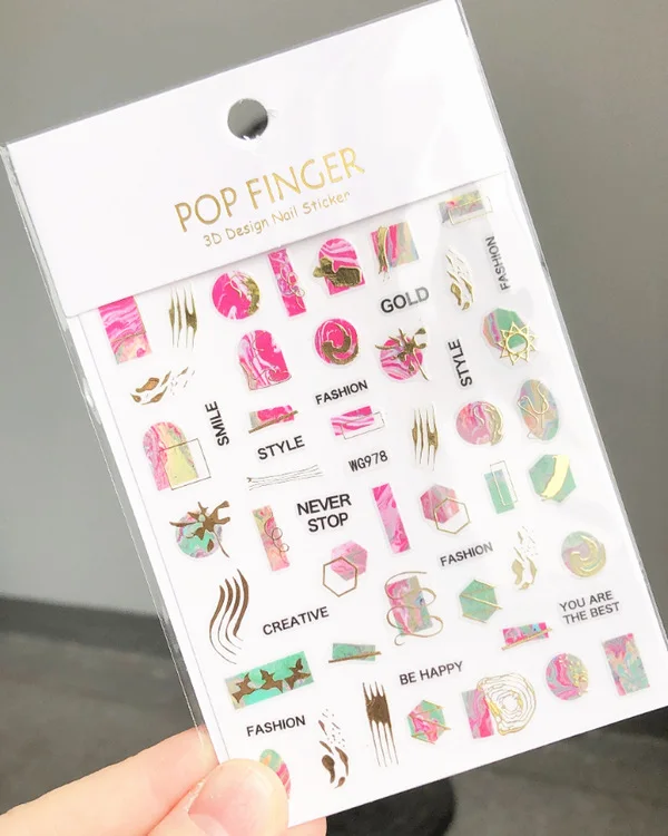 2024 New pop finger nail stickers abstract English letter nail polish stickers pink gold 3D colorful marble nail stickers