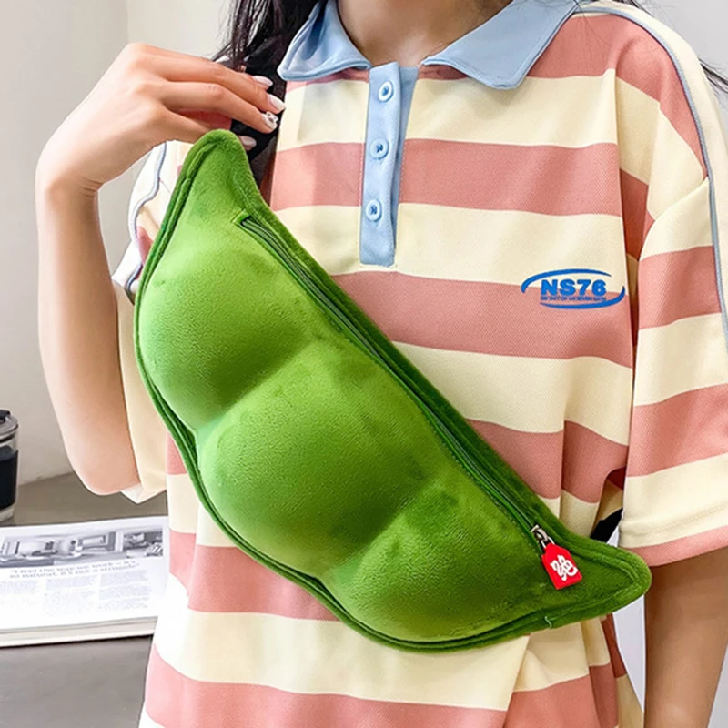 3D Pea Pod Sling Backpack Plush Edamame Purse Cute Soybean Chest Crossbody Shoulder Bags Green Beans Shape Waist Bag