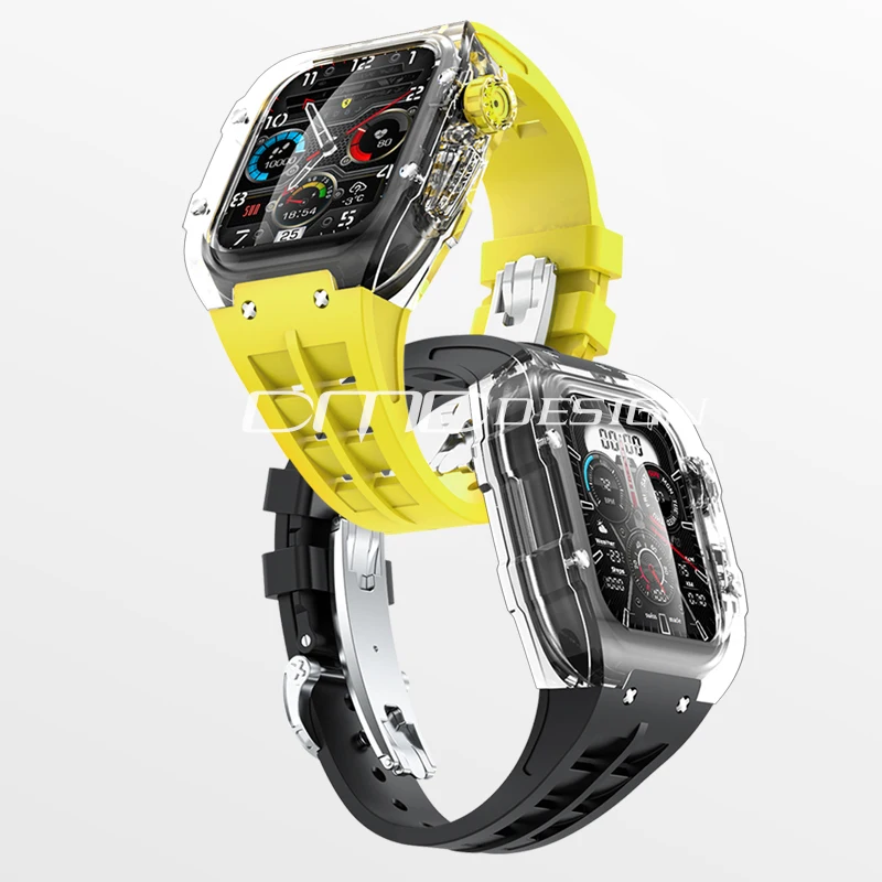 DMD New Arrival Transparent Case FKM Watchband Rubber Strap Fit for Apple Watch 44mm/45mm iWatch Series 8/7/6/5/4/SE Mod Kit