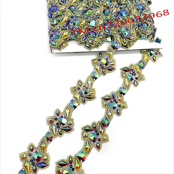 Africa Events Colorful Rhinestone Floral Lace Trim Ribbon Fabric Flower Embroidery Glitter Appliques Trimmings Sewing for Fete