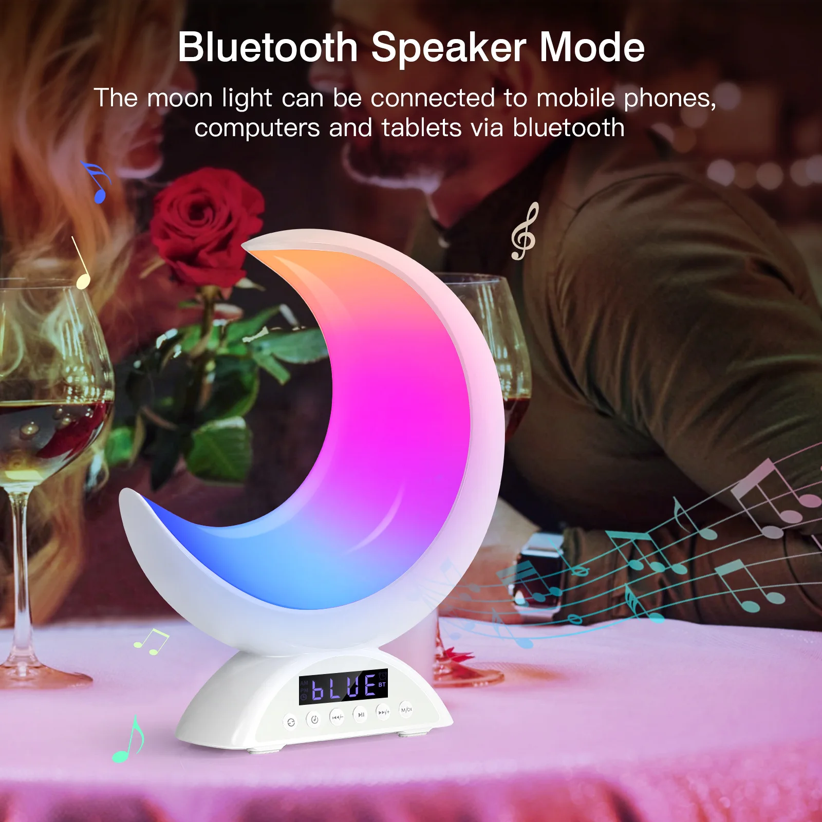 Hot Selling Smart RGB Color Changing Moon Shaped Alarm Clock BT Wireless Speaker Touch Control Table Clocks For Bedroom