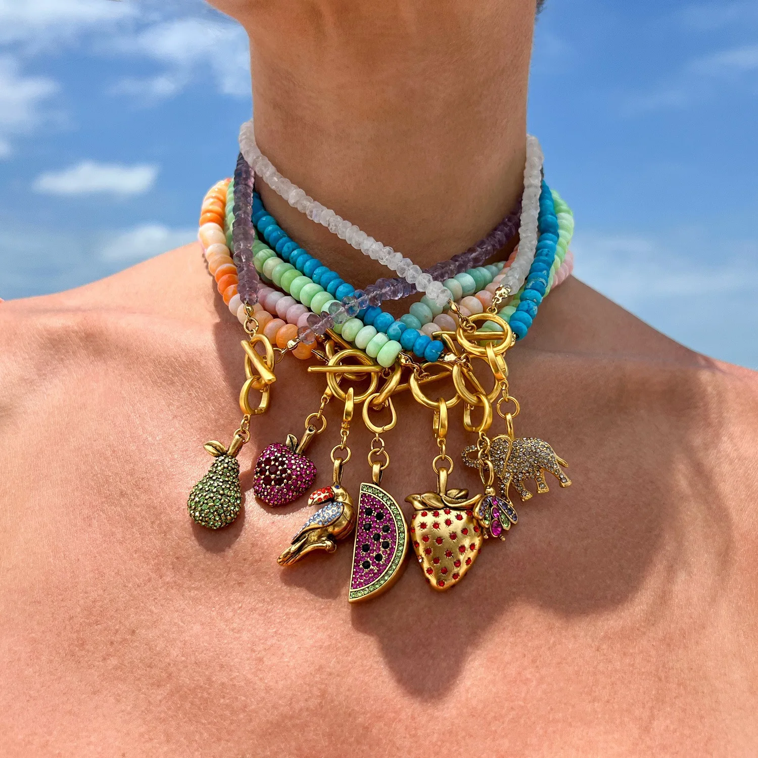 Manna New Summer Luxury 18K Gold Brass Zircon Fruit Watermelon Strawberries Charm Necklaces