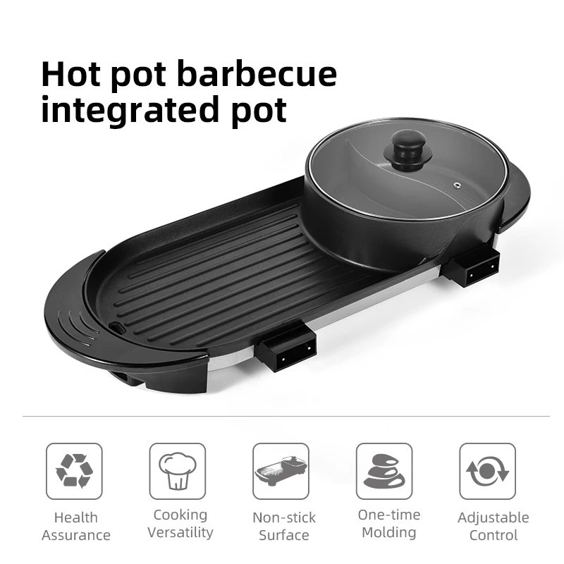 Indoor Korea Multi-functiona 2 in 1 HotPot and Bbq Grill Smokeless Nonstick Electric Grill With Hot Pot