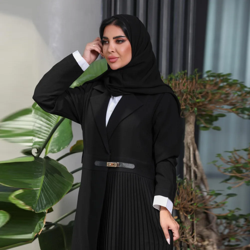 Turkish Dubai New Clothing Dress Kimono With Belted Fashion Pleated Suit Collar Cardigan Dress Muslim Open Front Abaya For Women