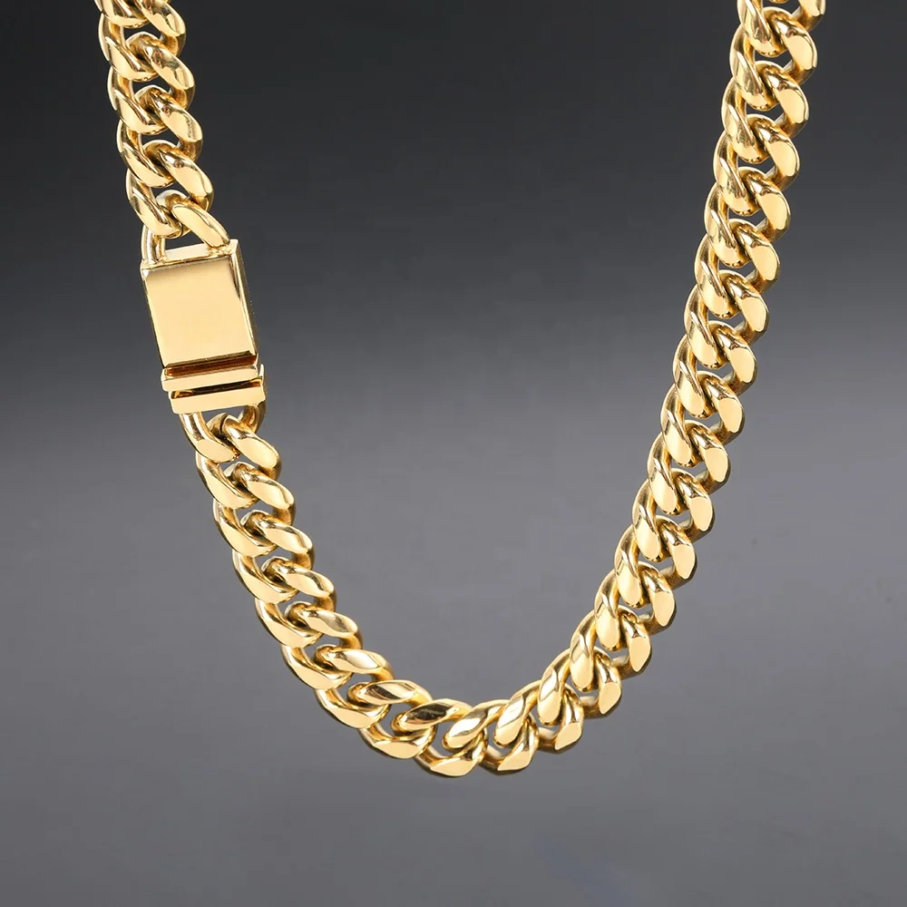 VEROMCA 18k Gold Stainless Steel Cuban Necklace Customizable Logo Four Sided Grinding Clasp Necklace