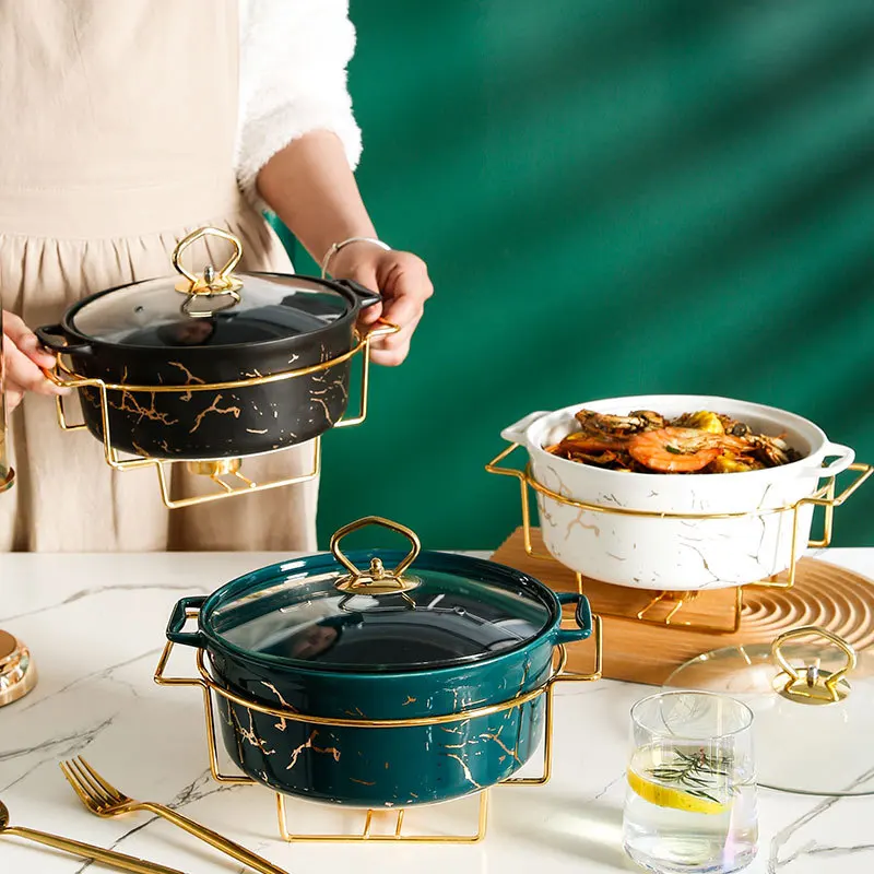 Factory Direct Sales Cookware Oval Square Customized Sand Pot With Iron Frame Marble Ceramic Buffet Soup Pot OEM Cookware Set