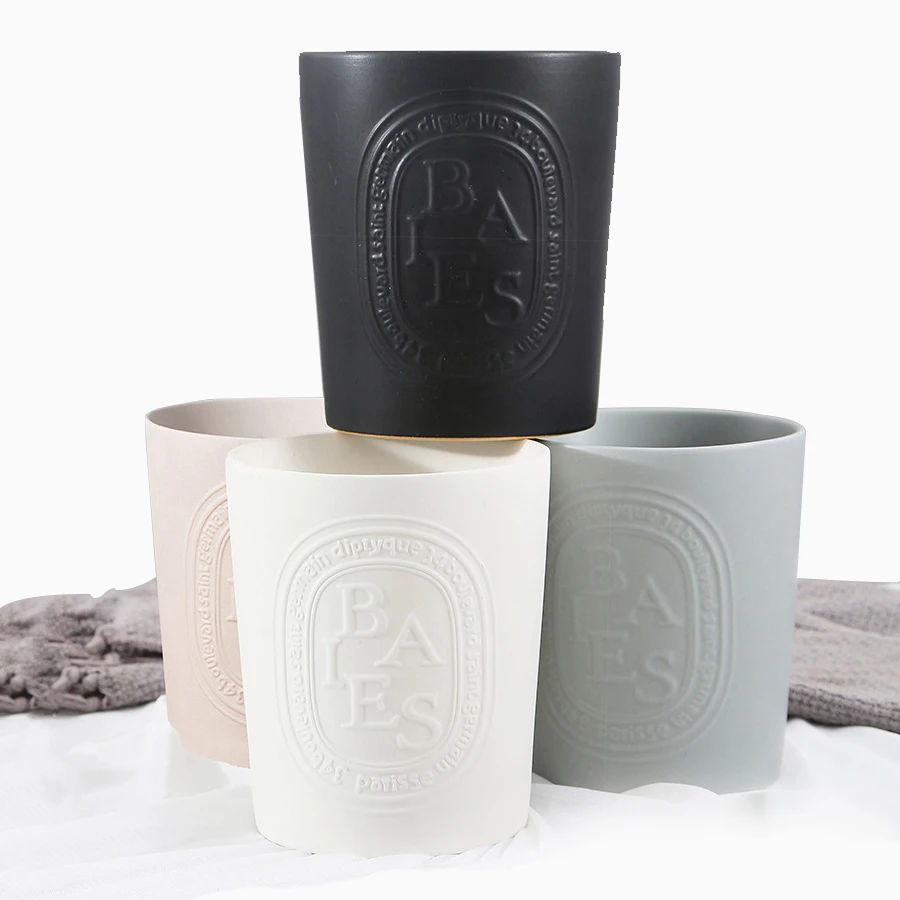 Wholesale custom matte embossed logo candle vessels container large empty ceramic candle jars for making candles