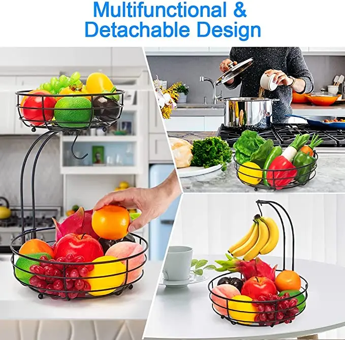 2 Tier Detachable Countertop Fruit Basket Bowl With Banana Hanger For Kitchen Dining Table