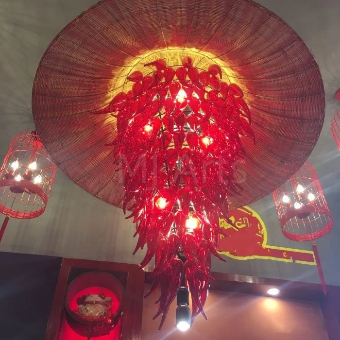 Hand Blown Art decoration hot pot restaurant lighting pepper design glass pieces unique handmade red glass art chandelier
